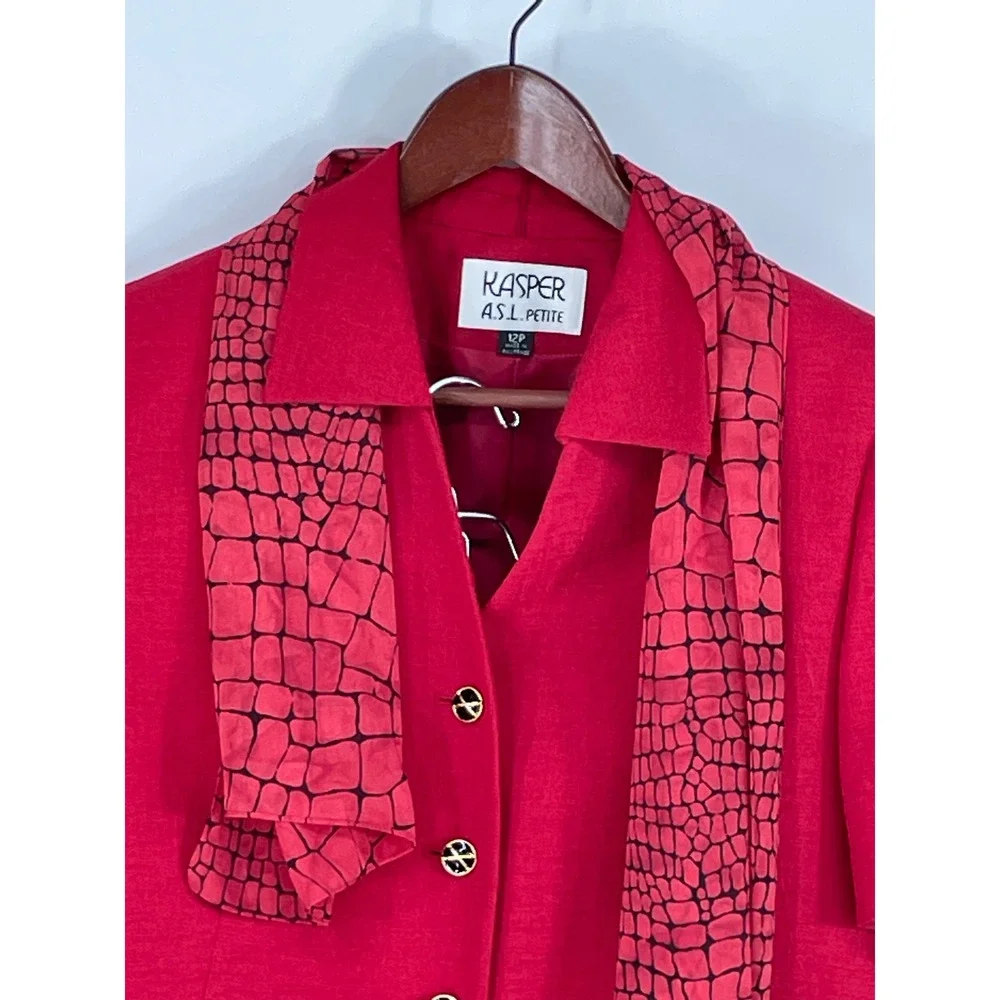 Kasper ASL Women Skirt Suit 12P Set Red Short Sleeve Scarf Professional